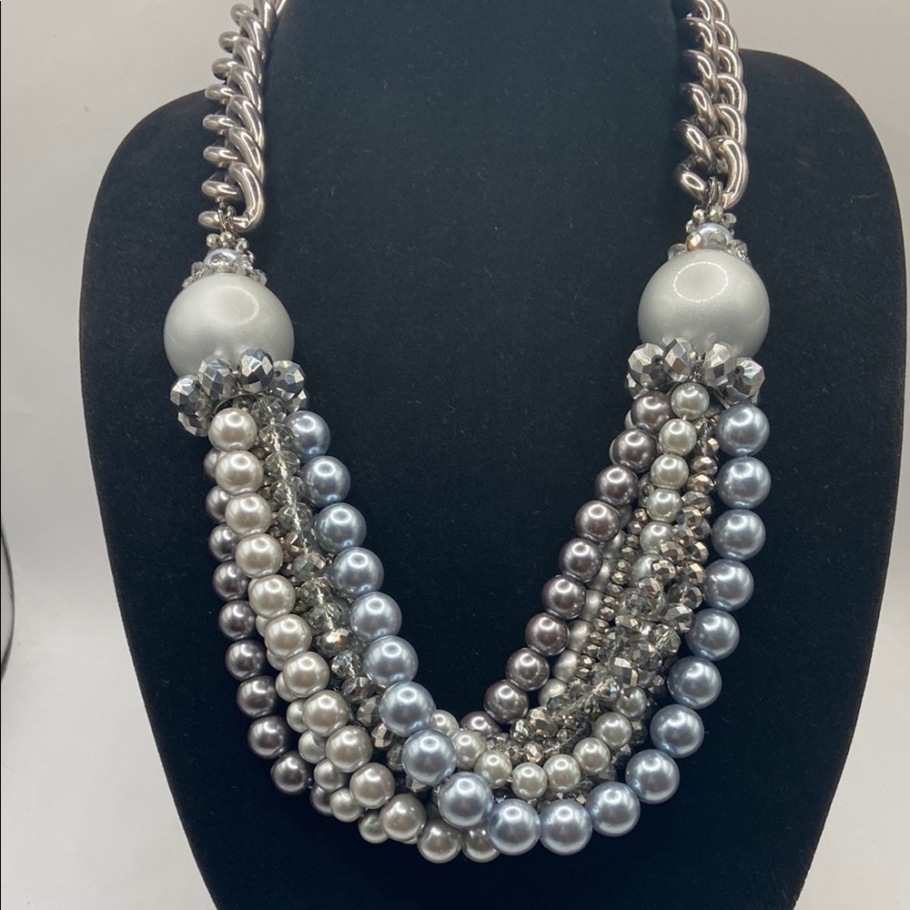 Multi-Strand Faux Pearl Bead Necklace Grey Hematite 26”L